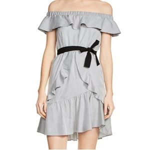 MAJE Rigate Woven Striped Off The Shoulder Dress